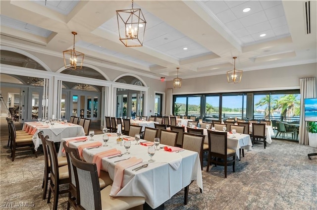 dining space with crown molding, a towering ceiling, beam ceiling, carpet flooring, and coffered ceiling