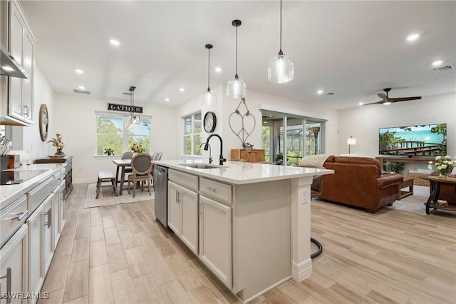 kitchen with visible vents, a sink, light wood finished floors, and dishwasher