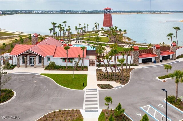 bird's eye view with a water view