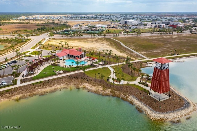 drone / aerial view with a water view