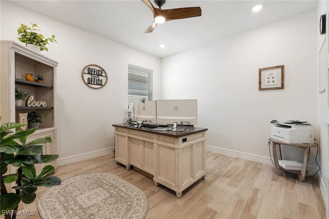 office area with a ceiling fan, baseboards, recessed lighting, and light wood-style flooring