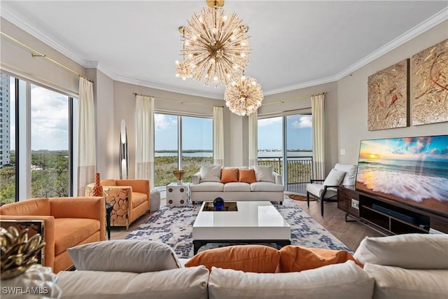 4931 Bonita Bay Blvd Unit 601, Bonita Springs, FL 34134 - living room with plenty of natural light, crown molding, and a notable chandelier