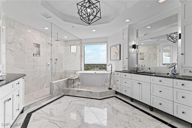 4931 Bonita Bay Blvd Unit 601, Bonita Springs, FL 34134 - bathroom featuring vanity, a marble finish shower, marble finish floor, recessed lighting, and a soaking tub