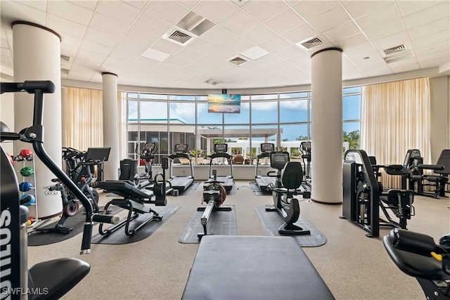 4931 Bonita Bay Blvd Unit 601, Bonita Springs, FL 34134 - gym with carpet floors, a paneled ceiling, and visible vents