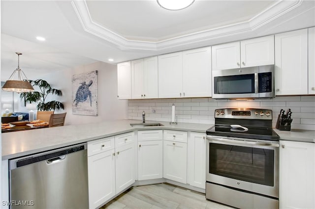 kitchen featuring crown molding, a peninsula, a tray ceiling, a sink, and stainless steel appliances