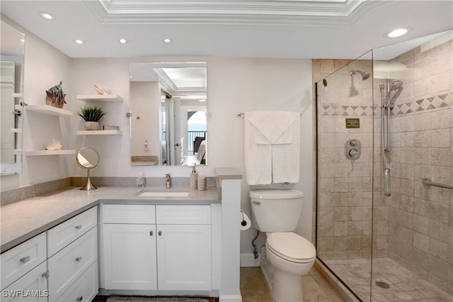 bathroom featuring crown molding, a raised ceiling, a stall shower, and recessed lighting