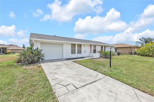 140 Blue Ridge Dr, Naples, FL 34112 - ranch-style house with an attached garage, concrete driveway, a front lawn, and stucco siding