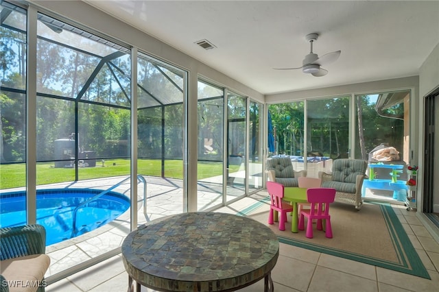 3690 27th Ave SW, Naples, FL 34117 - sunroom featuring visible vents, a ceiling fan, and a healthy amount of sunlight