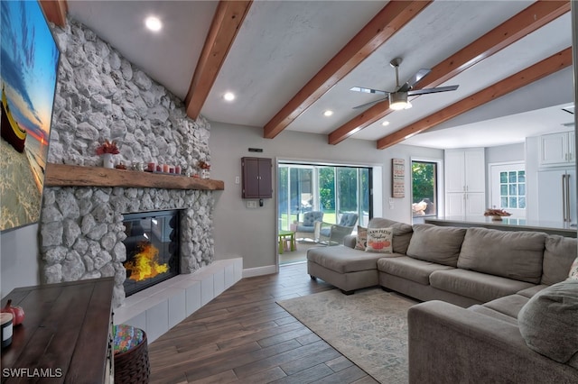 3690 27th Ave SW, Naples, FL 34117 - living area with beam ceiling, a ceiling fan, baseboards, a healthy amount of sunlight, and wood finished floors