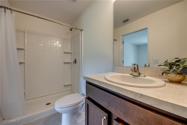 full bath featuring visible vents, a stall shower, vanity, tile patterned floors, and toilet