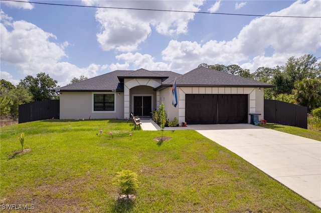 single story home with a garage, stucco siding, driveway, and fence