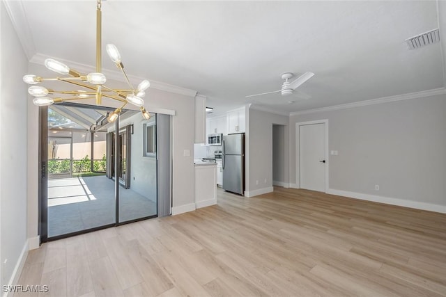 1196 Westlake Blvd, Naples, FL 34103 - unfurnished living room with baseboards, ornamental molding, ceiling fan with notable chandelier, and light wood-style flooring