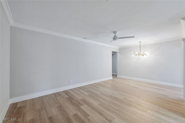 1196 Westlake Blvd, Naples, FL 34103 - spare room with baseboards, ornamental molding, light wood finished floors, and ceiling fan with notable chandelier