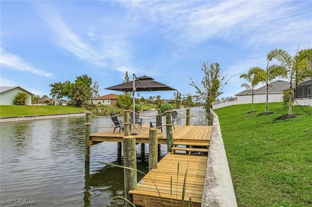 view of dock with a residential view, a water view, and a yard
