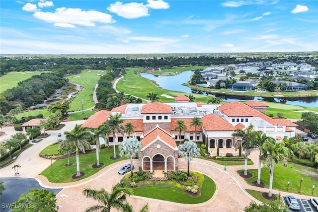 bird's eye view featuring a residential view, a water view, and golf course view