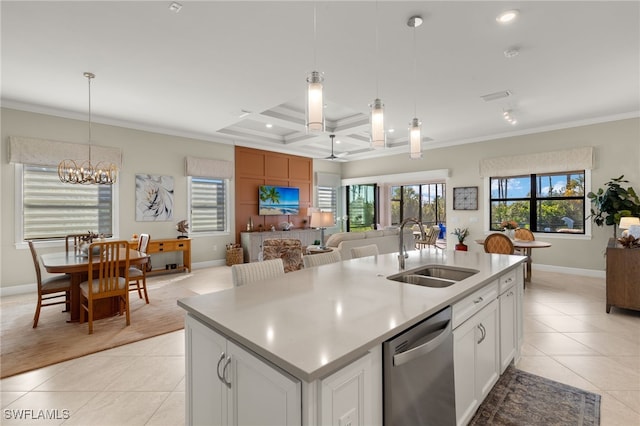 kitchen with crown molding, light tile patterned floors, a sink, and dishwasher