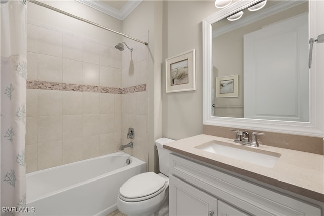 bathroom featuring crown molding, toilet, vanity, and shower / bath combo with shower curtain
