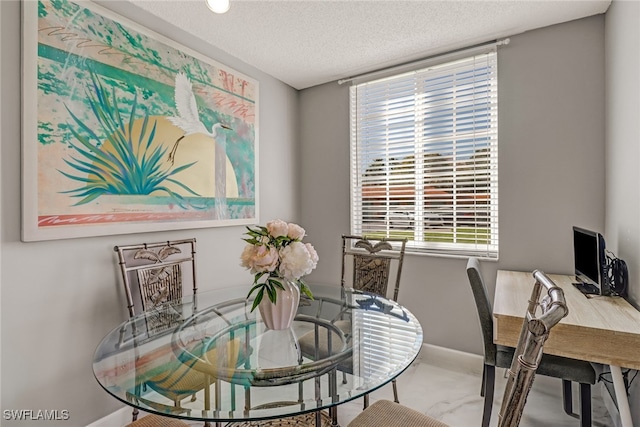 dining area with baseboards, plenty of natural light, and a textured ceiling