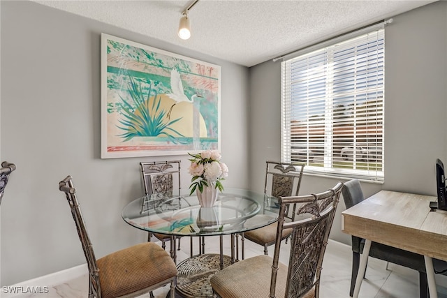 dining space featuring baseboards, a textured ceiling, a healthy amount of sunlight, and rail lighting