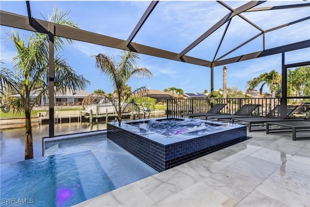 view of pool featuring a patio, a water view, an in ground hot tub, and a lanai