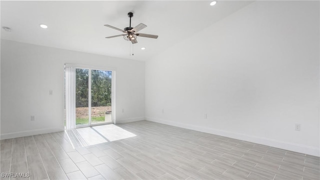 empty room featuring light wood-style floors, baseboards, ceiling fan, and recessed lighting