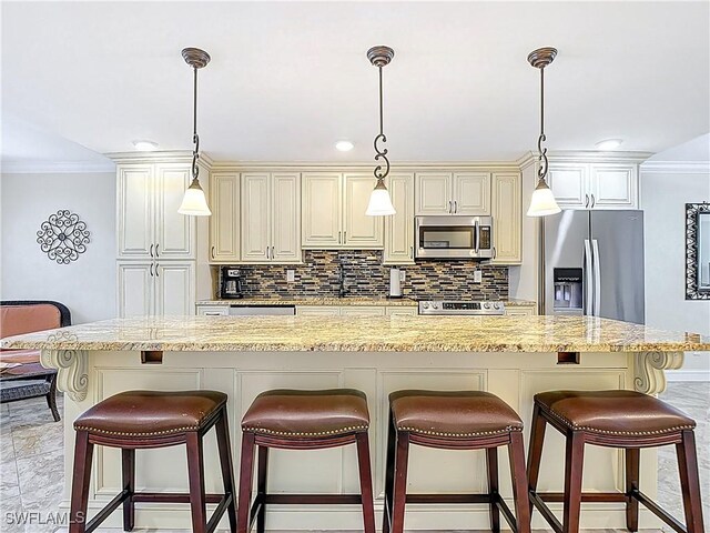 4211 SE 19th Pl Unit 1C, Cape Coral, FL 33904 - kitchen featuring stainless steel appliances, cream cabinetry, tasteful backsplash, crown molding, and recessed lighting