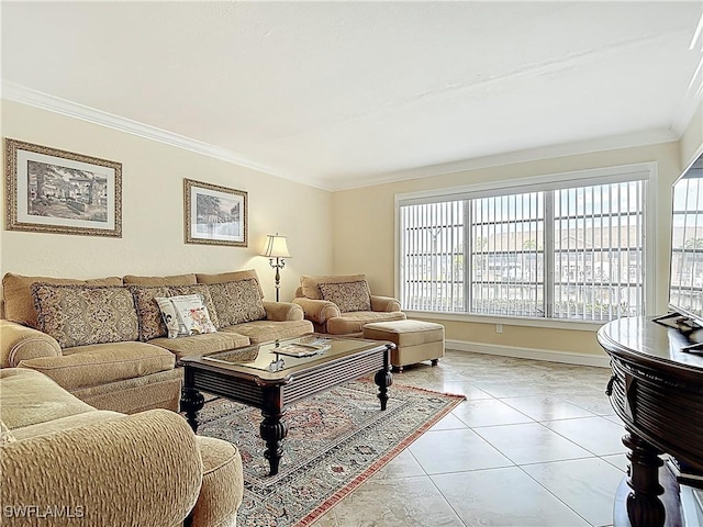 living area featuring crown molding, baseboards, plenty of natural light, and light tile patterned flooring