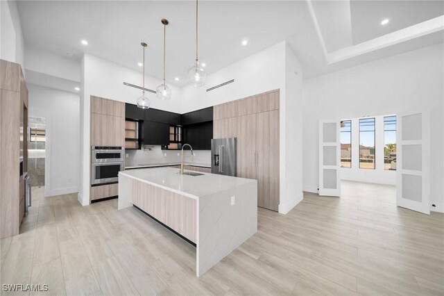 3617 Embers Pkwy W, Cape Coral, FL 33993 - kitchen featuring modern cabinets, stainless steel appliances, a sink, a towering ceiling, and light countertops