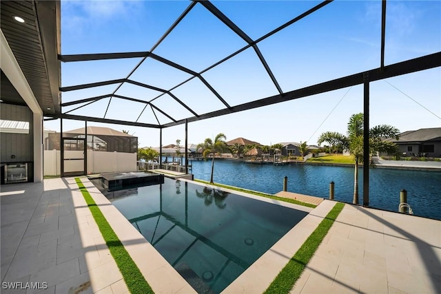 3617 Embers Pkwy W, Cape Coral, FL 33993 - view of pool with a water view, a boat dock, a hot tub, and a lanai