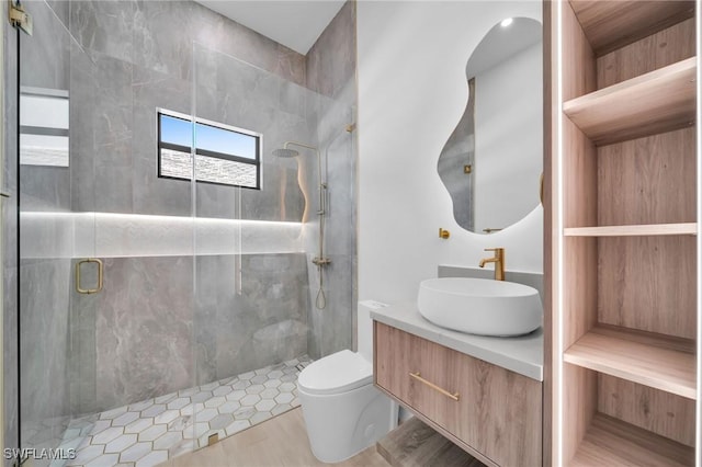 bathroom featuring toilet, a shower stall, and vanity