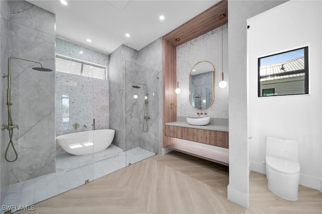 full bathroom featuring vanity, walk in shower, toilet, and a wealth of natural light