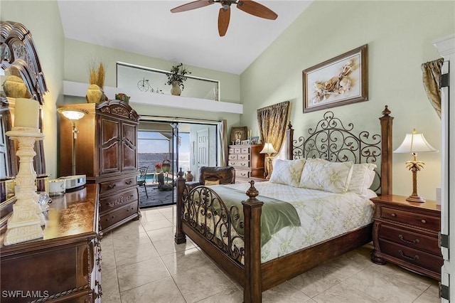bedroom featuring access to exterior, high vaulted ceiling, light marble finish flooring, and ceiling fan