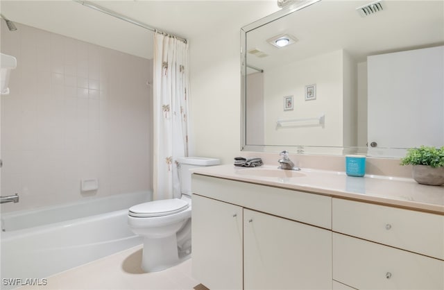 full bathroom with toilet, visible vents, shower / tub combo with curtain, and vanity