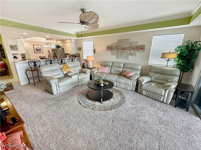1787 Four Mile Cove Pkwy Unit 431, Cape Coral, FL 33990 - living area featuring light carpet, ornamental molding, and ceiling fan
