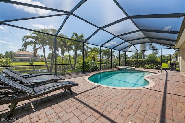 2094 Satsuma Ln, Naples, FL 34120 - view of swimming pool featuring a patio area, a pool with connected hot tub, a water view, and a lanai