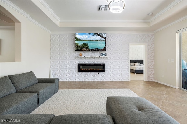 2094 Satsuma Ln, Naples, FL 34120 - tiled living room featuring a raised ceiling, a glass covered fireplace, crown molding, and baseboards