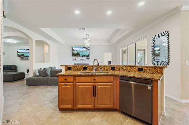 2094 Satsuma Ln, Naples, FL 34120 - kitchen with dishwasher, a sink, light stone counters, open floor plan, and a tray ceiling