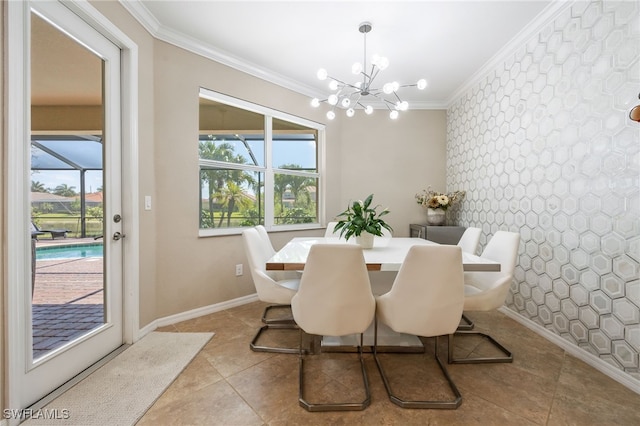 2094 Satsuma Ln, Naples, FL 34120 - dining space with a chandelier, ornamental molding, an accent wall, baseboards, and tile patterned floors