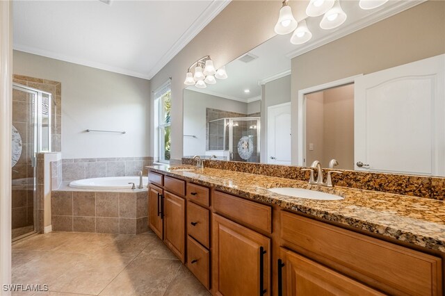 2094 Satsuma Ln, Naples, FL 34120 - bathroom with a stall shower, a bath, tile patterned flooring, crown molding, and double vanity