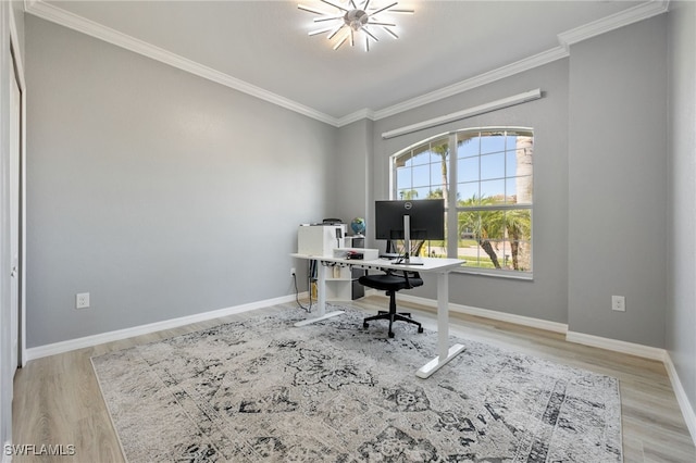 2094 Satsuma Ln, Naples, FL 34120 - home office featuring crown molding, light wood-style floors, baseboards, and a chandelier