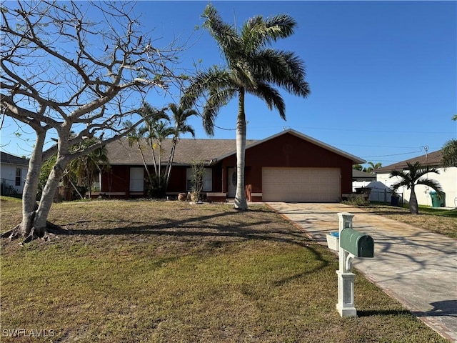 ranch-style house featuring concrete driveway, a front lawn, and a garage