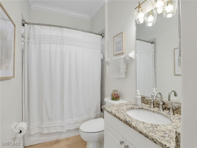 full bathroom with crown molding, vanity, wood finished floors, toilet, and shower / bath combo