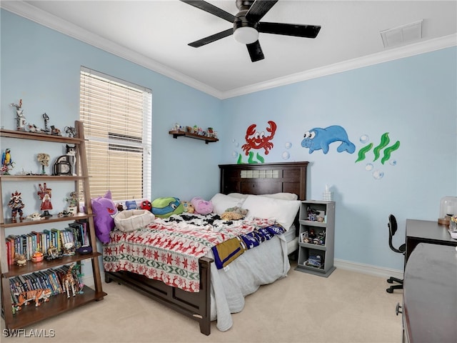 bedroom with crown molding, ceiling fan, carpet floors, baseboards, and visible vents