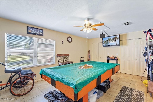 recreation room with visible vents, a ceiling fan, billiards, and light tile patterned flooring
