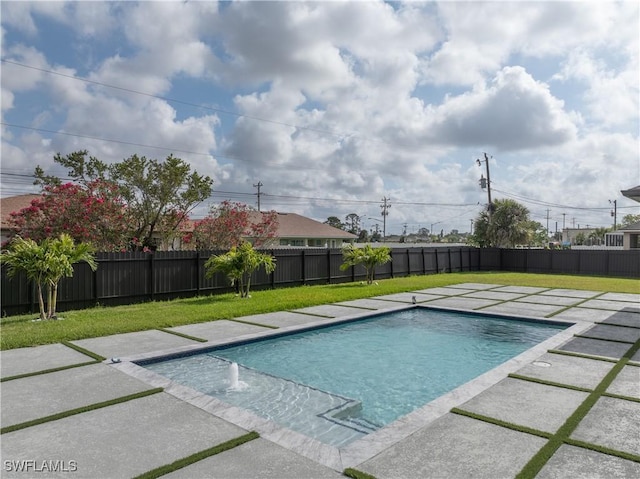 view of pool featuring a fenced in pool, a yard, a fenced backyard, and a patio area