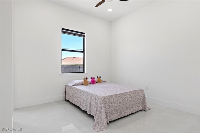 bedroom featuring a ceiling fan, baseboards, and recessed lighting