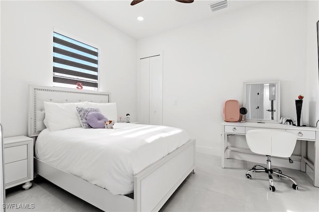 bedroom featuring baseboards, a ceiling fan, recessed lighting, and visible vents