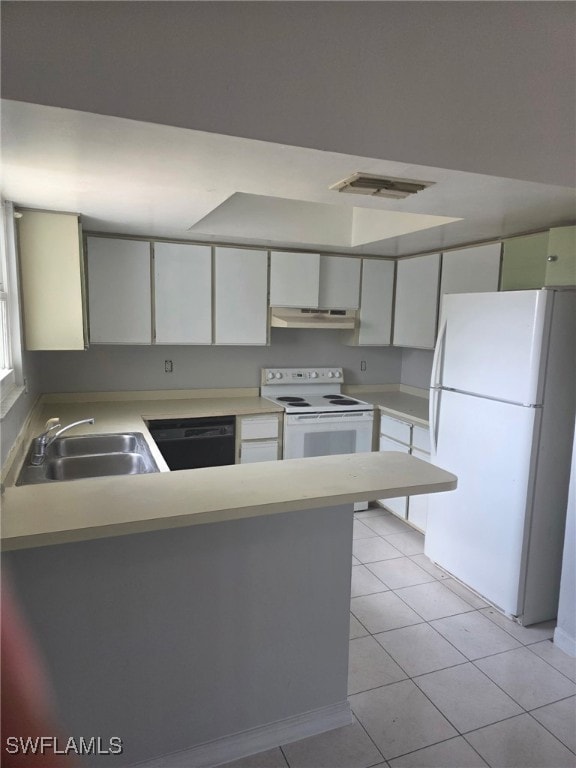 2123 NE 6th Pl, Cape Coral, FL 33909 - kitchen featuring a sink, white appliances, a peninsula, under cabinet range hood, and visible vents