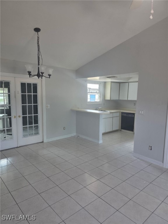 2123 NE 6th Pl, Cape Coral, FL 33909 - unfurnished living room with a sink, baseboards, lofted ceiling, an inviting chandelier, and light tile patterned flooring