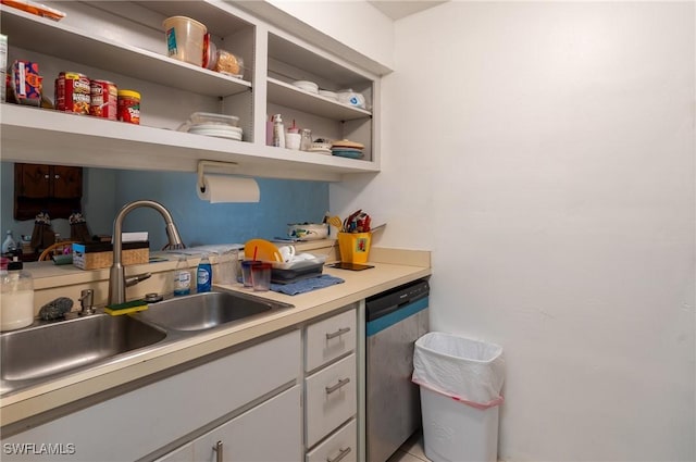 1228 SE 24th Ave Unit A, Cape Coral, FL 33990 - kitchen with stainless steel dishwasher, a sink, light countertops, white cabinets, and open shelves